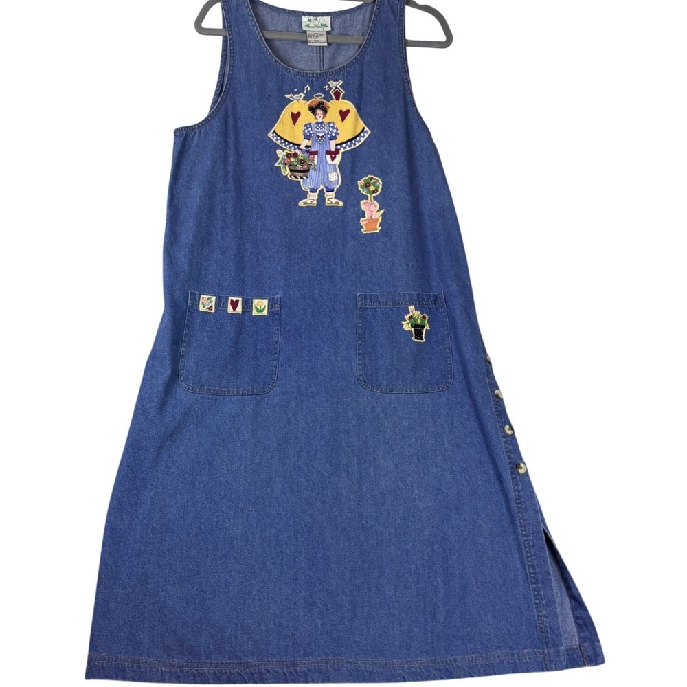 The Quacker Factory Denim Jumper Dress Womens Large Blue Embroidered Gardener L